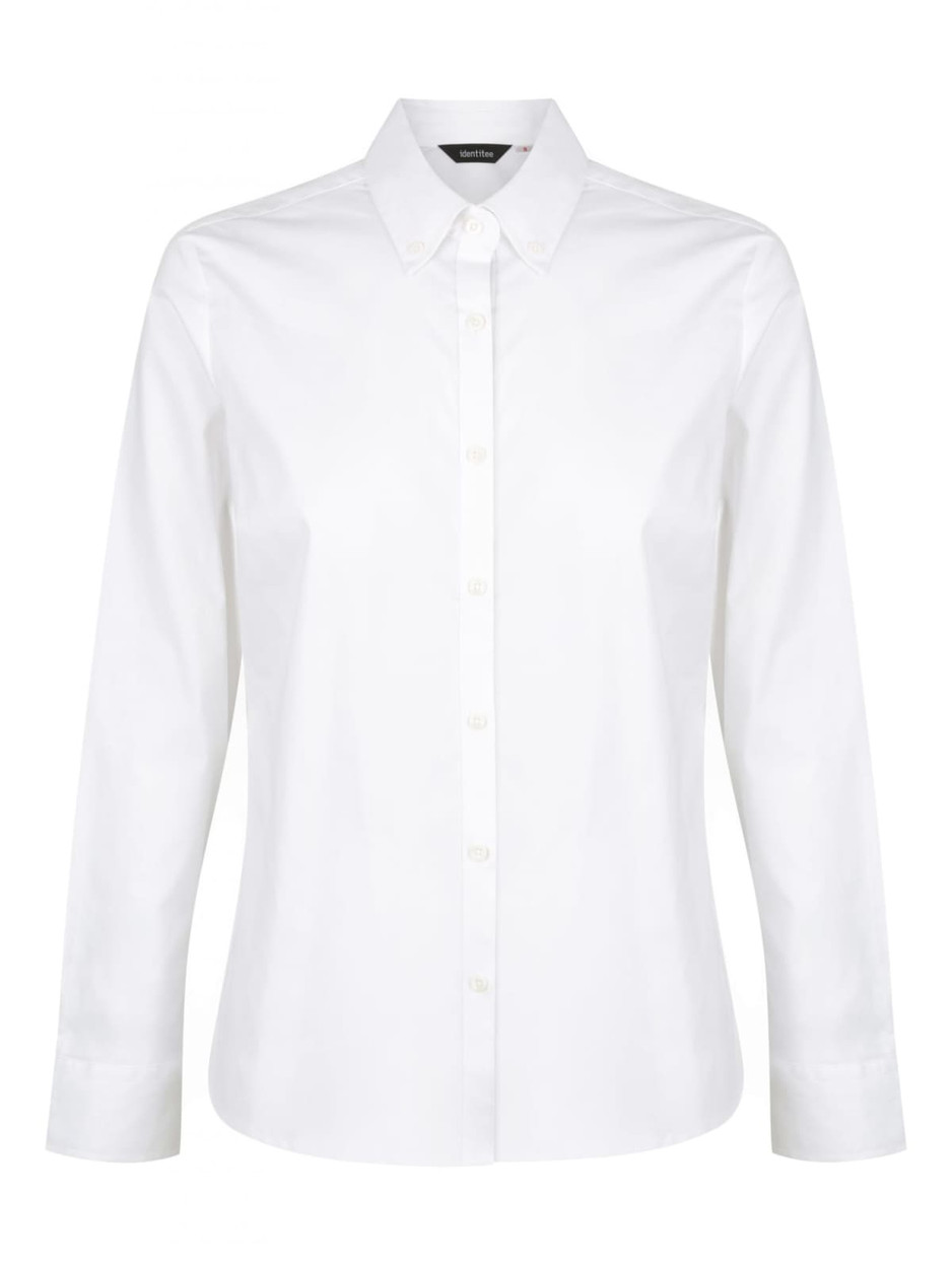 A white long sleeve button-up shirt featuring a classic collar and a branding logo.