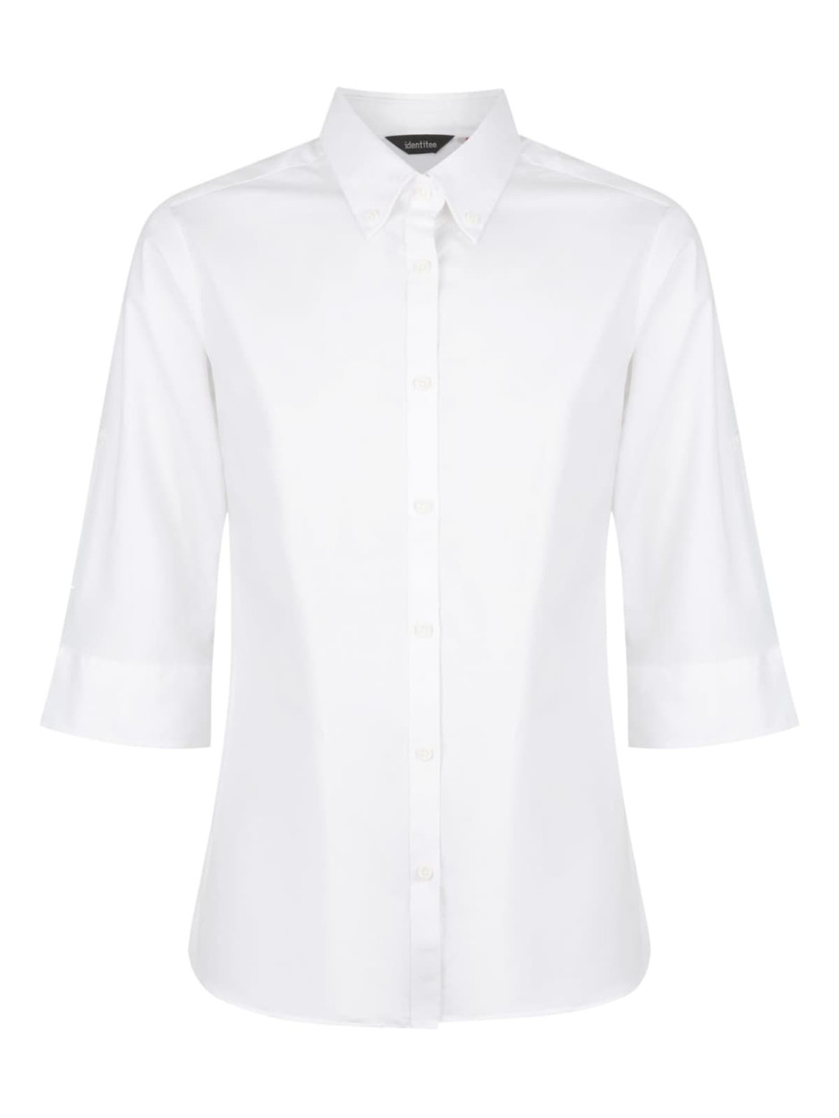 A white ladies' button-up shirt with 3/4 sleeves, featuring a collar and a logo.