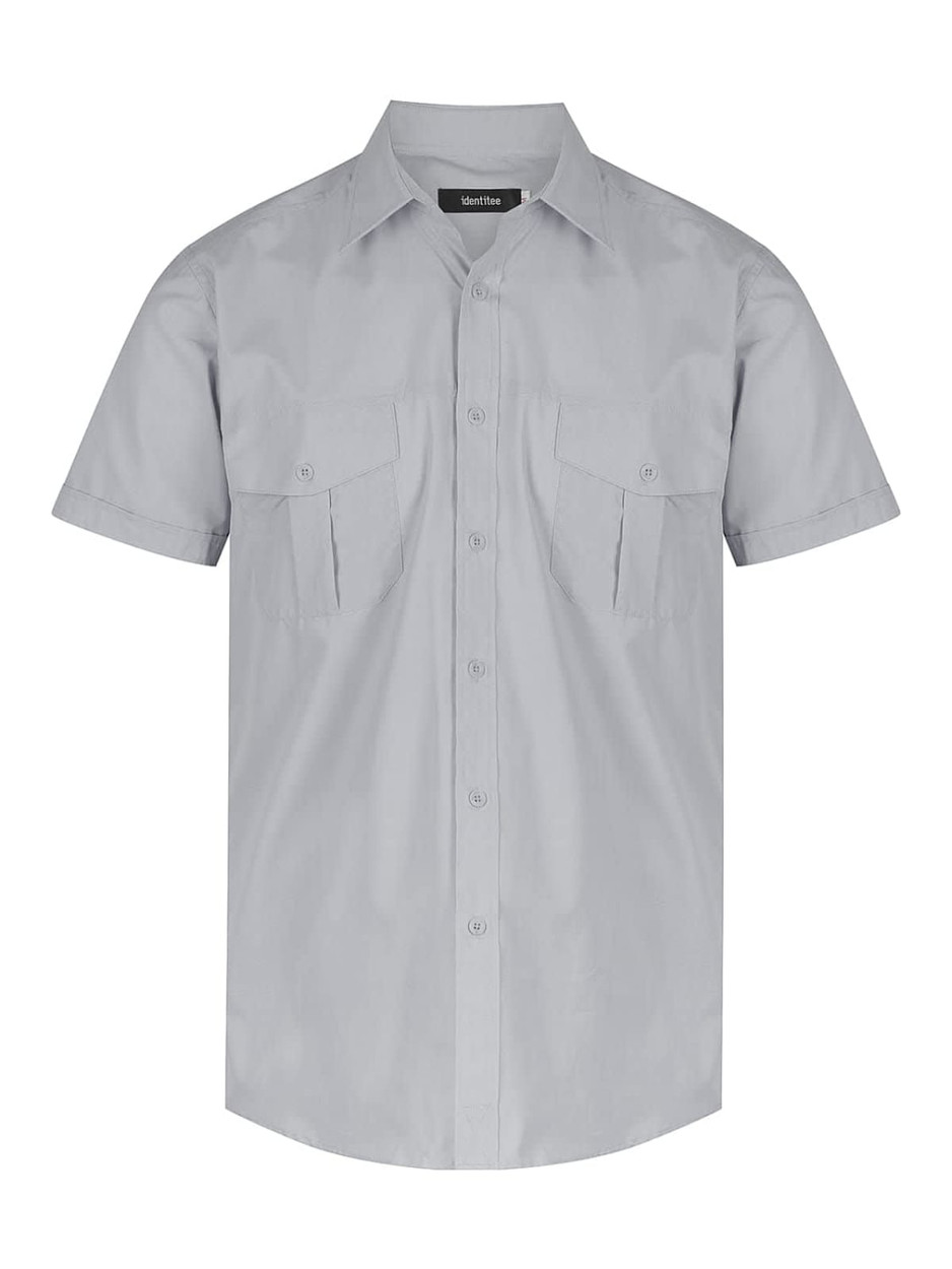 A short-sleeve button-up shirt in light grey with two chest pockets and a logo on the label.