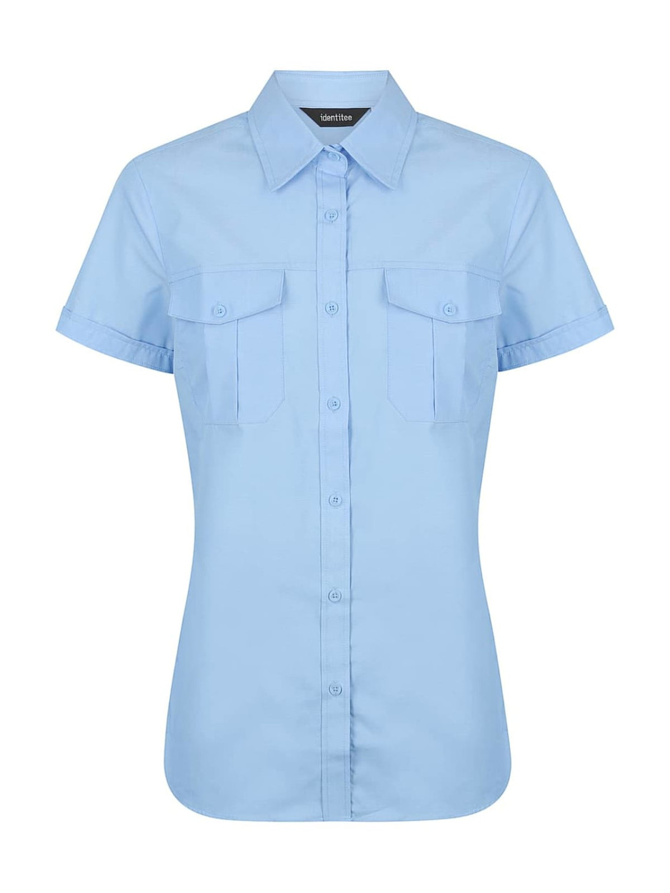A light blue ladies' short sleeve button-up shirt with two chest pockets and a collar.