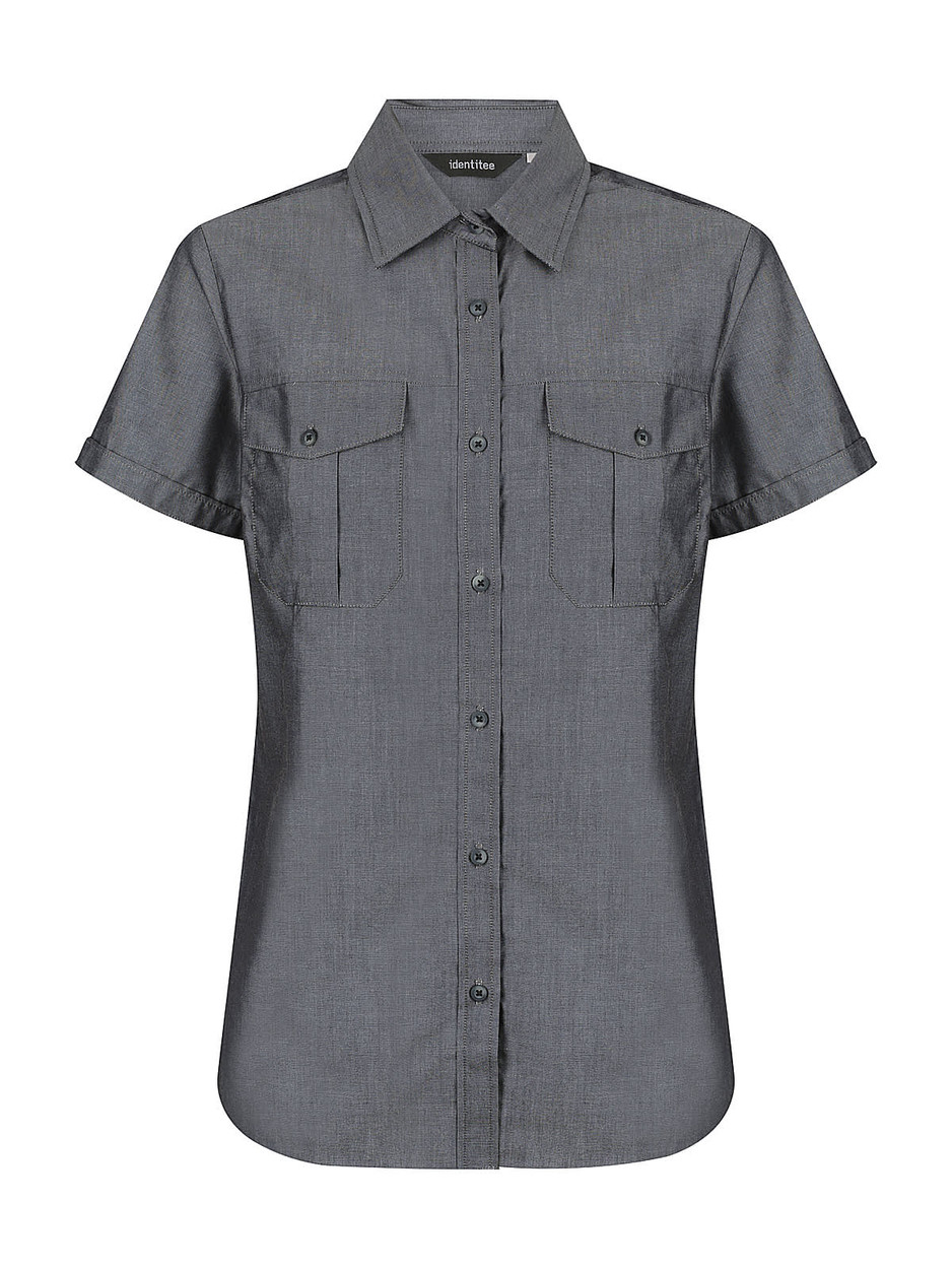 A ladies short sleeve button-up shirt in dark grey with two chest pockets and a collar, featuring a logo.