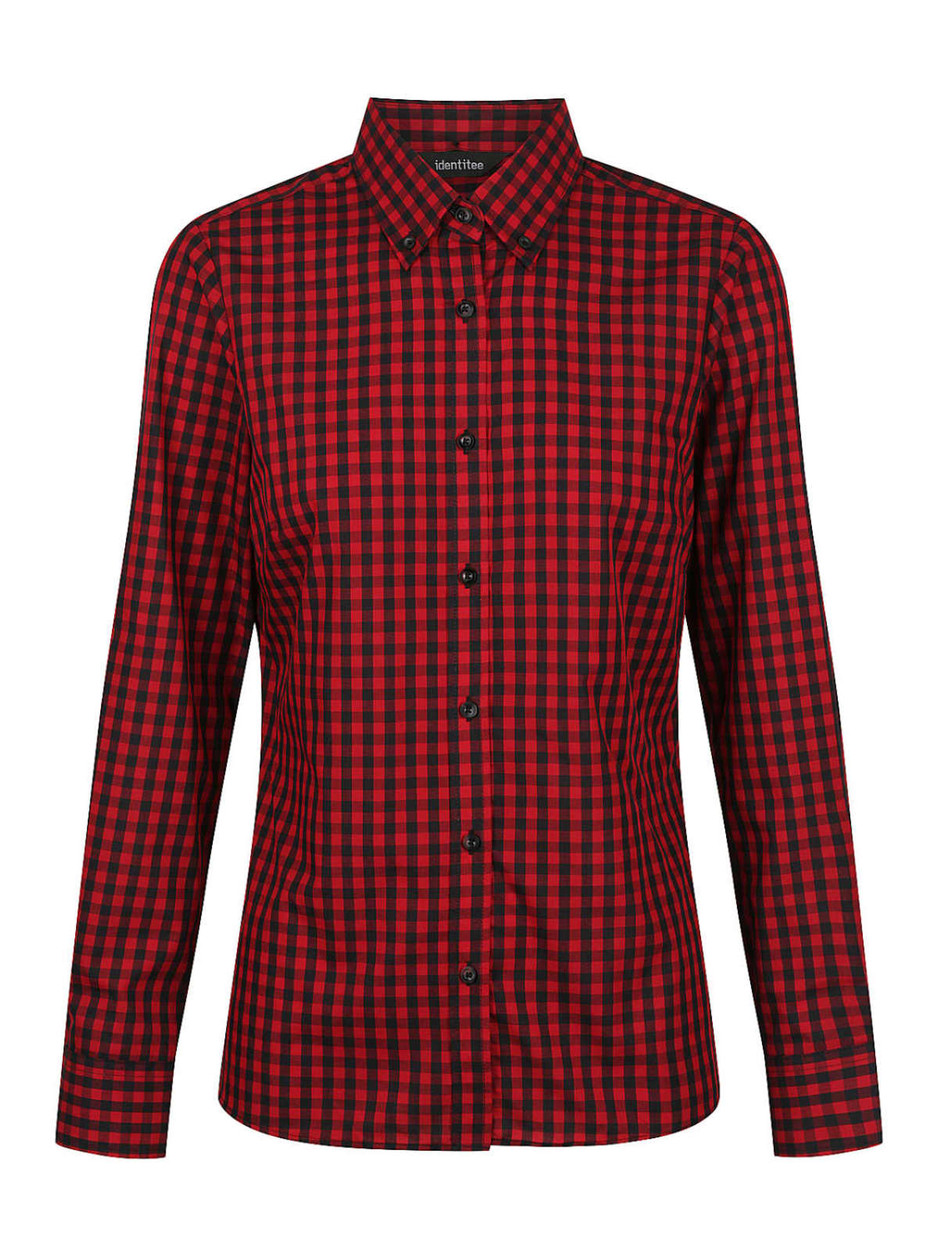 A long sleeve button-up shirt in red and black checkered pattern with a collar and branding.