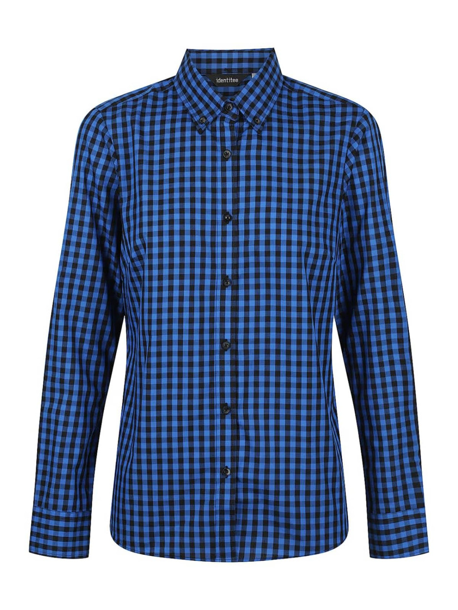 A blue and black checkered long sleeve button-up shirt with a collar and a logo.