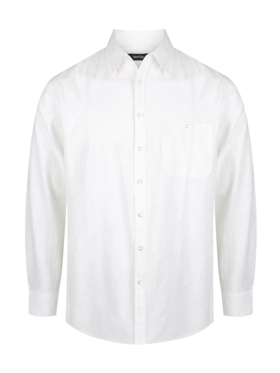 A white long sleeve button-up shirt featuring a chest pocket and a logo.
