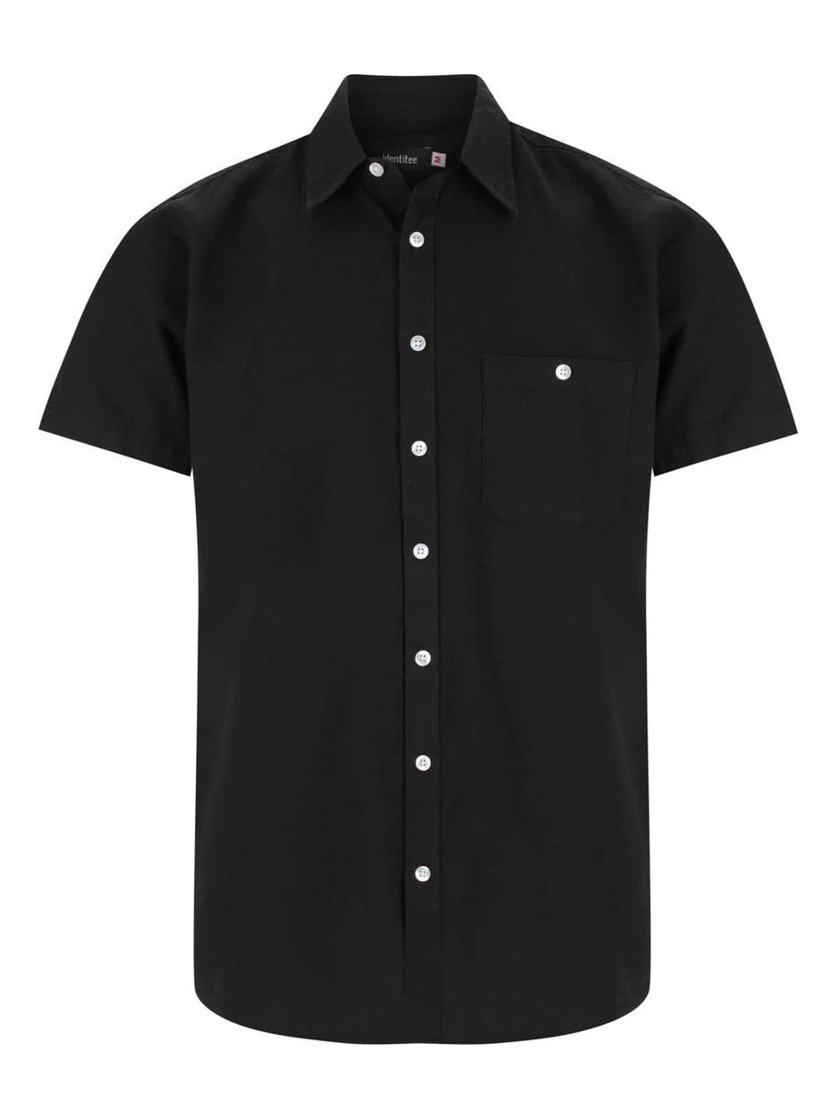 A black short sleeve button-up shirt featuring a front pocket and a logo.