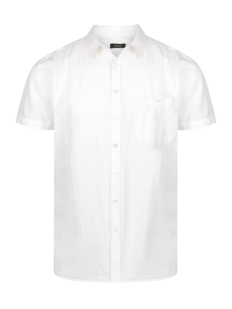 A white short sleeve button-up shirt with a chest pocket and a logo on the chest.