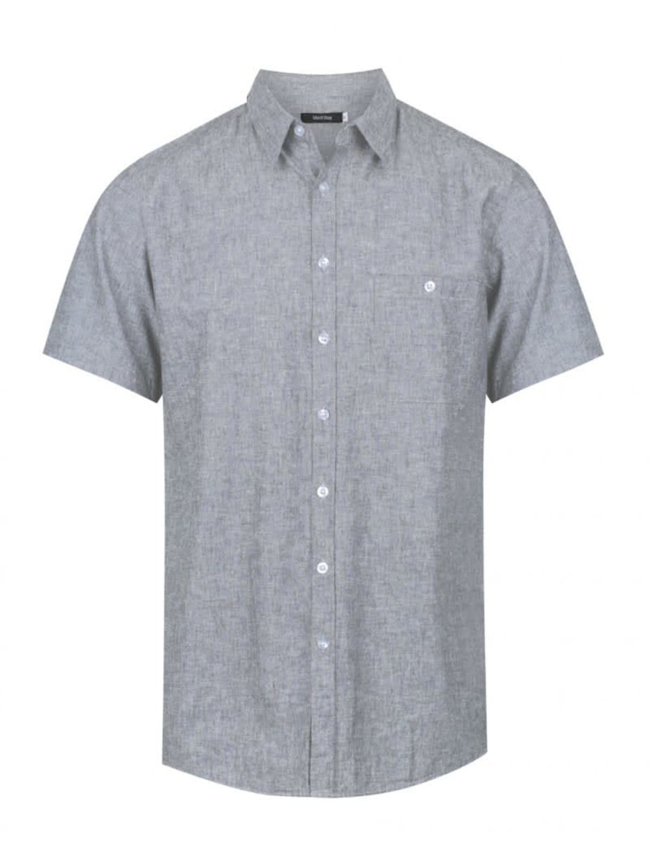 A grey short sleeve button-up shirt with a single pocket and a logo on the upper left side.