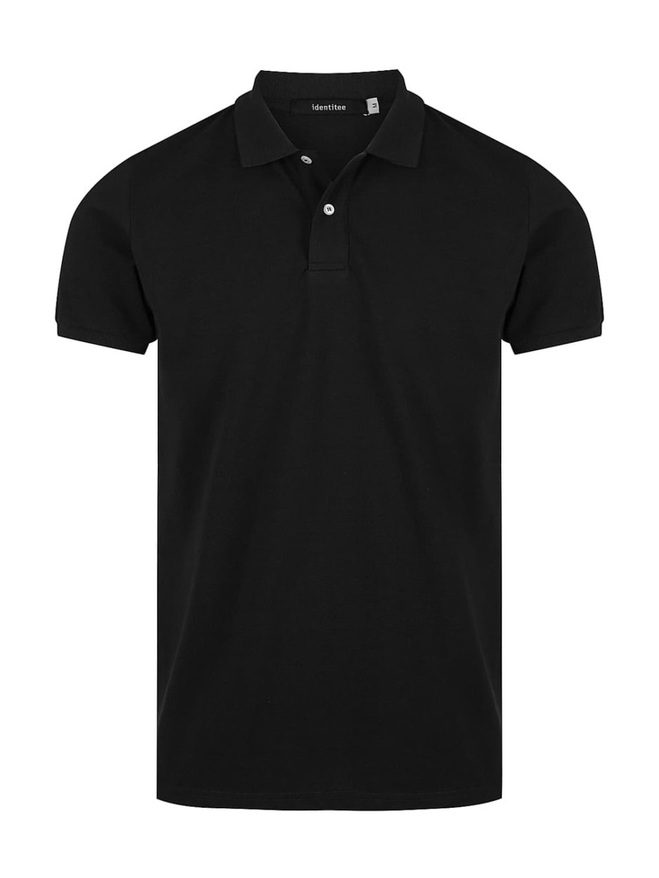 A black men's polo shirt with a collared neck and a logo on the chest.