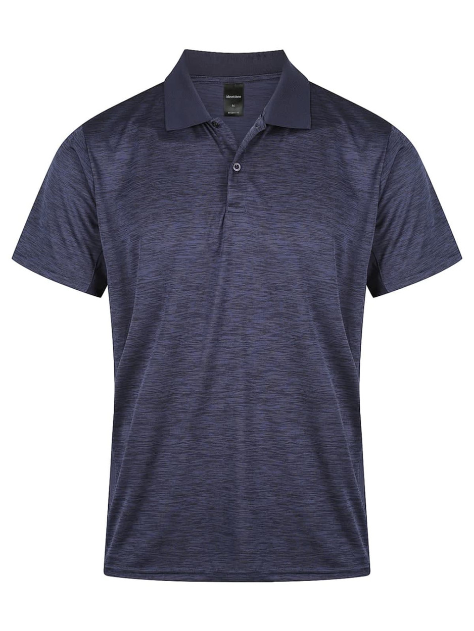 A navy blue men's polo shirt with a subtle textured pattern and a collar. It features a logo on the chest.