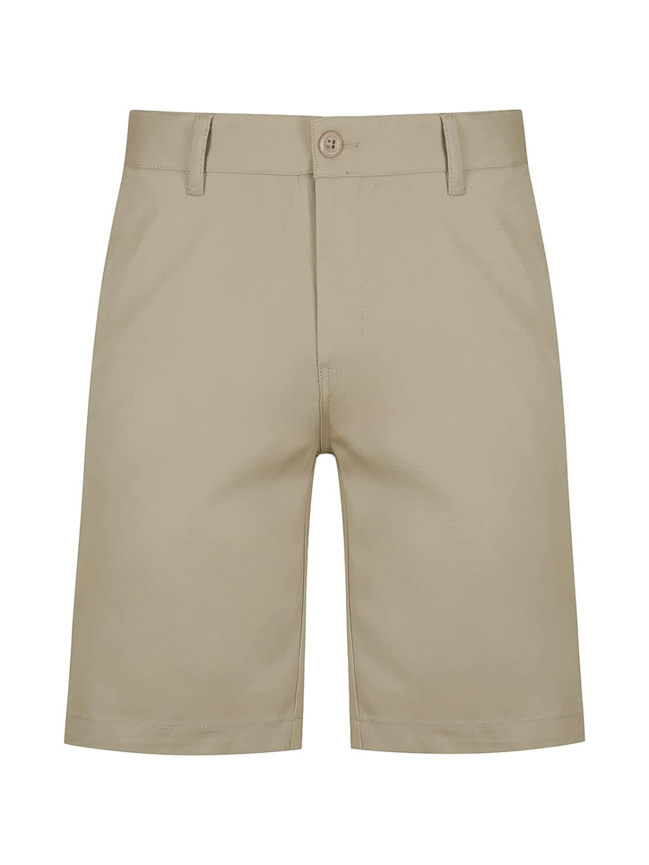 Beige men's chino shorts with a button closure and pockets. Features a logo, tailored for a smart-casual look.