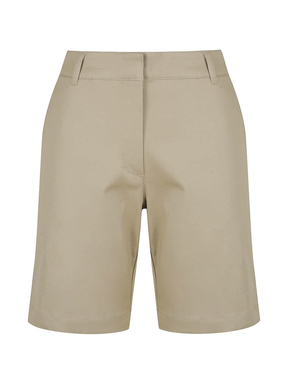 A pair of khaki chino shorts featuring a clean design and front pockets, with a branding logo present.