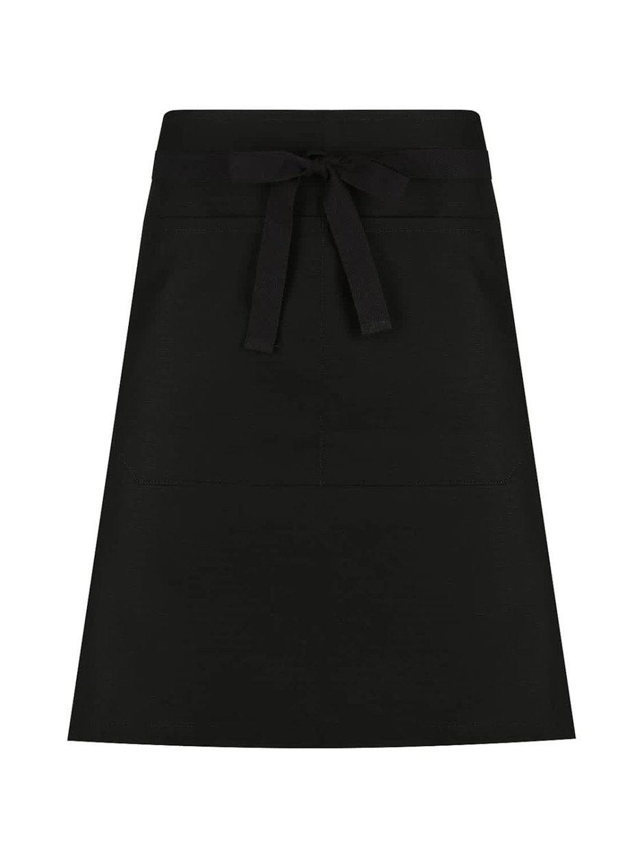 A black waist apron featuring a waistband tie and two front pockets. It has a simple design and includes branding.