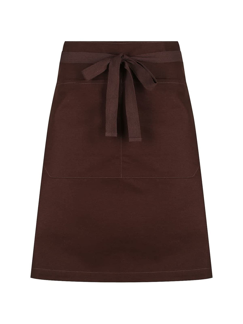 A brown waist apron featuring a tie waist and front pockets, with a simple design and visible branding.