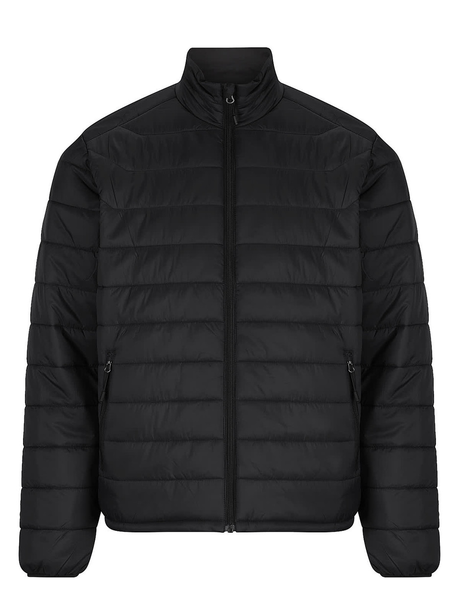 A black men's puffer jacket featuring a full zip, high collar, and zippered pockets. The jacket has a smooth, quilted design.