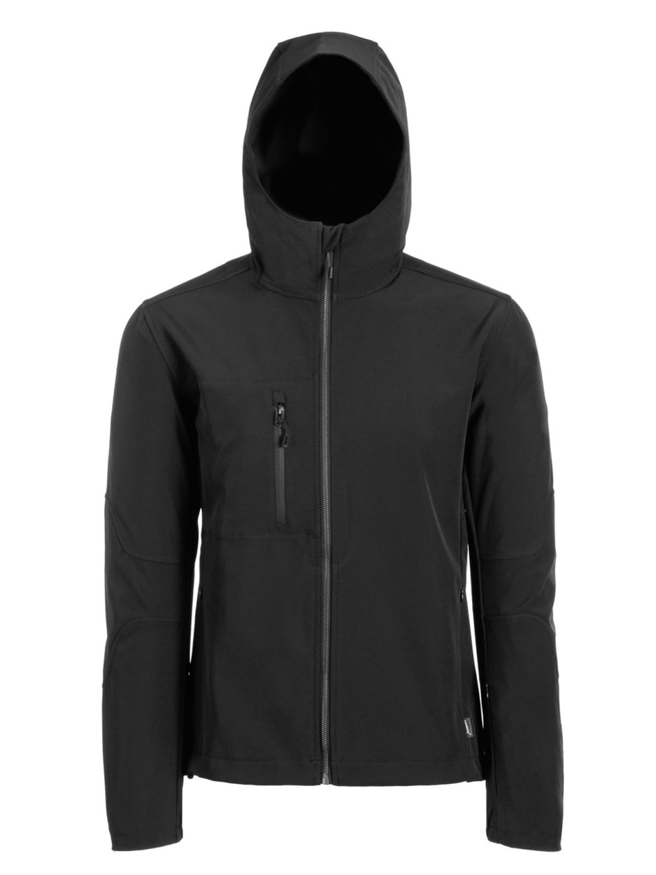 A black soft shell jacket with a hood, featuring a zippered chest pocket and a sleek design. It has a branding logo.