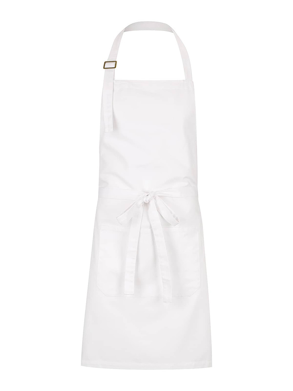 A white bib apron featuring a belt and pockets, with a simple design and a logo.