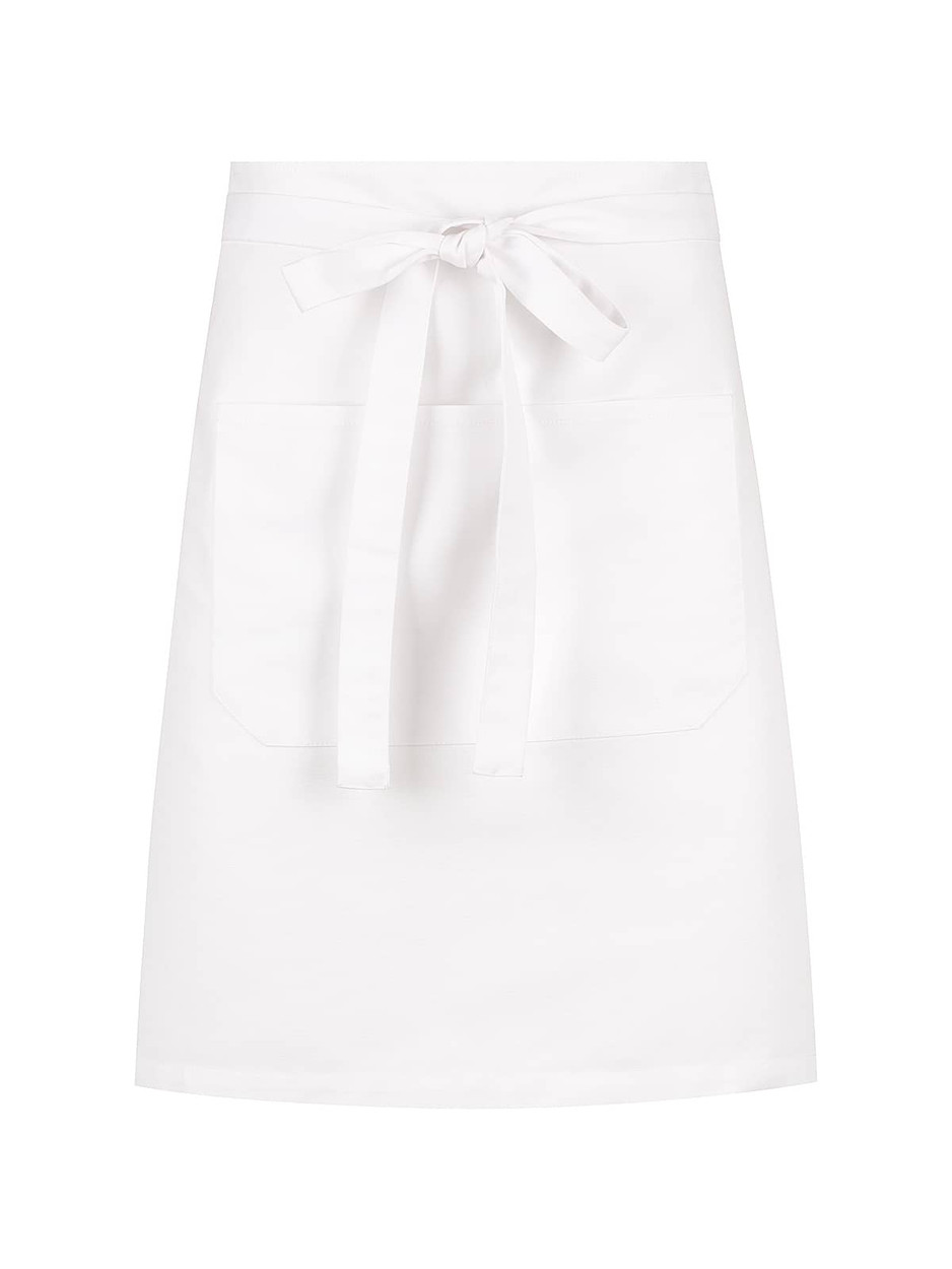 A white waist apron featuring a front pocket and a tying belt at the waist. It has a simple and clean design.