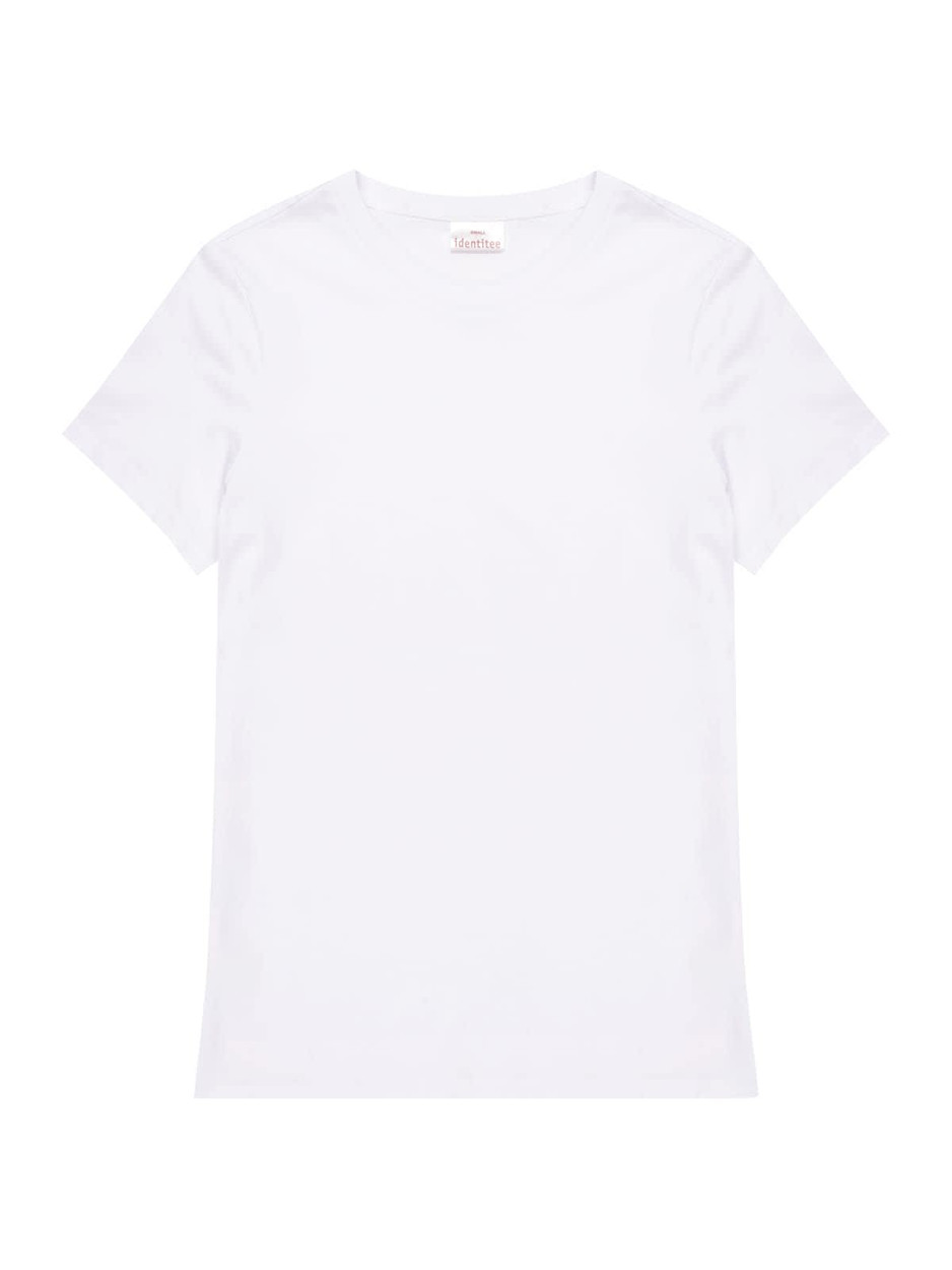 A plain white ladies' T-shirt with a fitted style and a logo on the label.