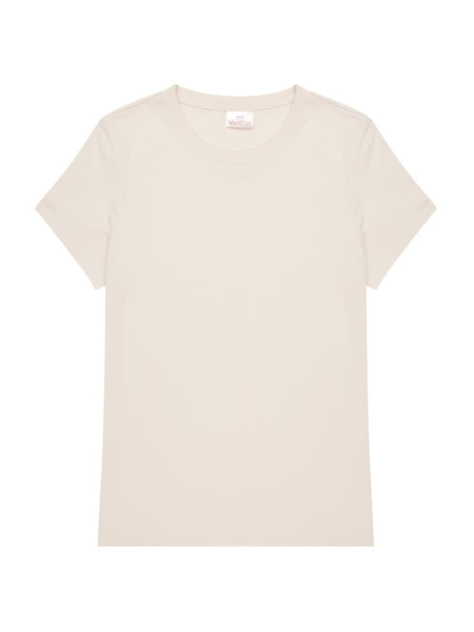 A cream-coloured ladies' t-shirt with a classic crew neckline and short sleeves, featuring a logo.
