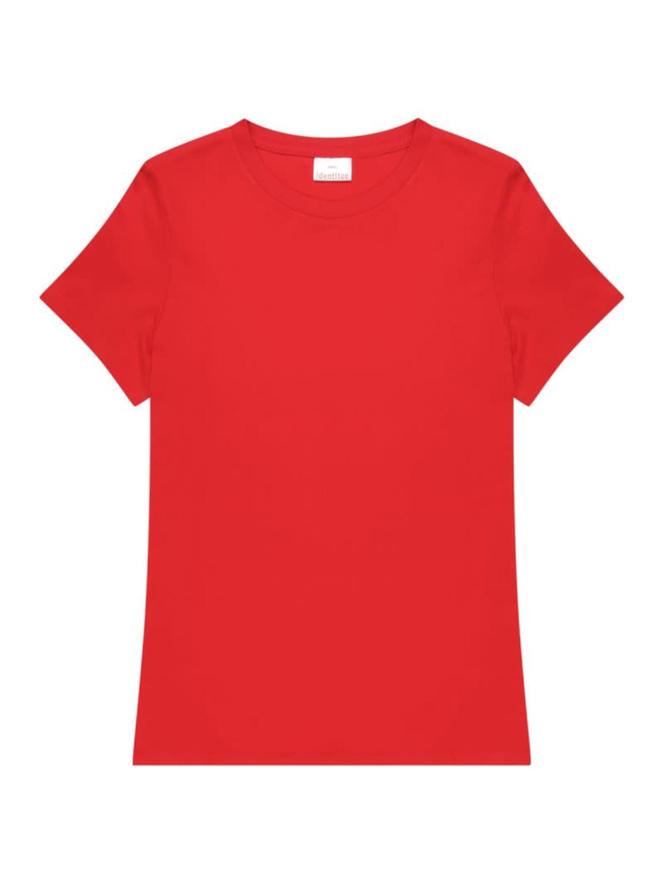 A red ladies' t-shirt with a simple design and short sleeves, featuring a tag at the neckline.