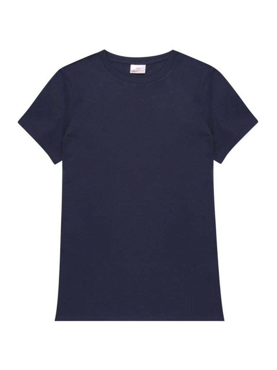 A navy ladies' t-shirt featuring a classic crew neckline and short sleeves, with a small logo.