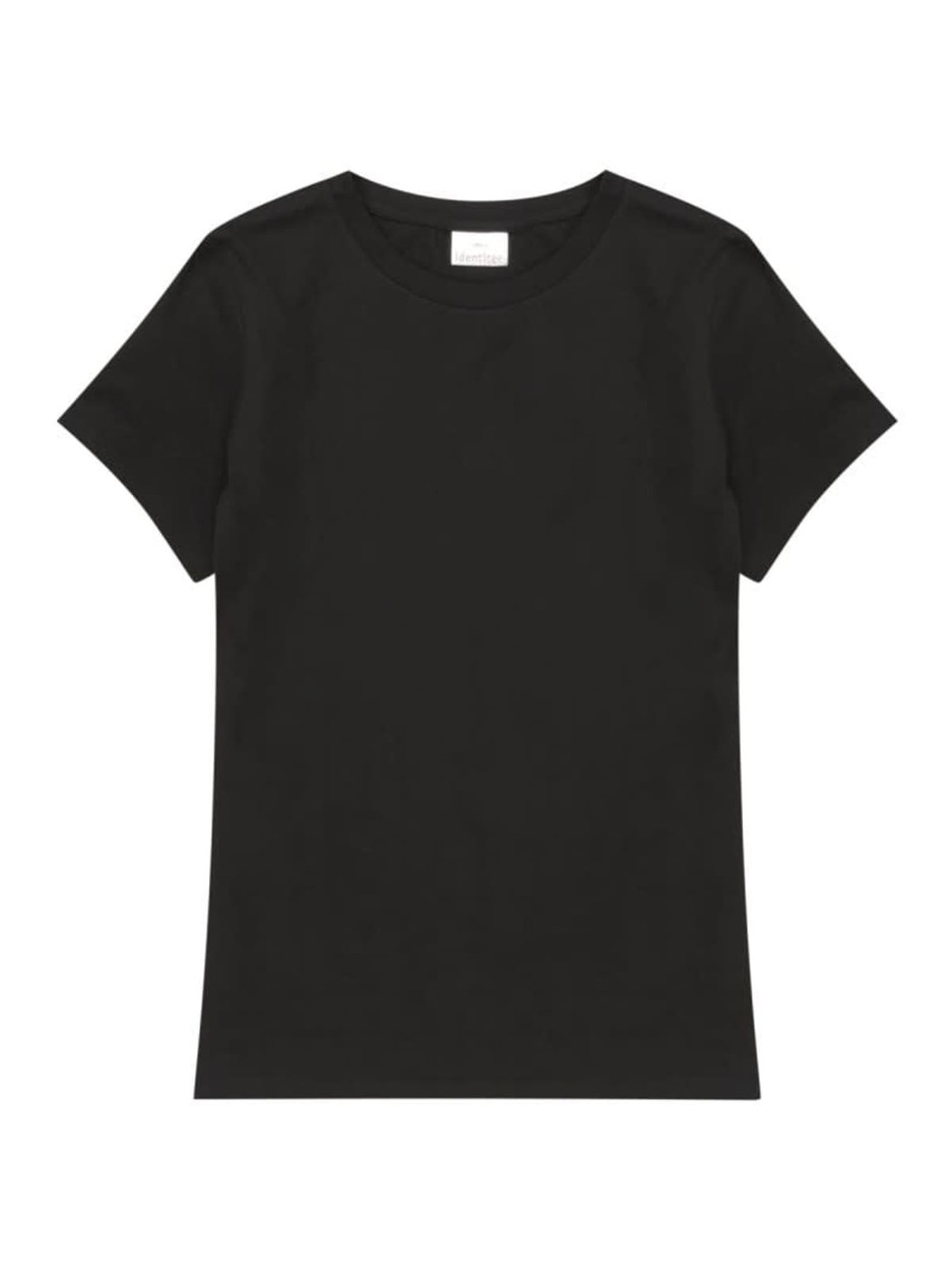 A black ladies' t-shirt with a classic crew neck and short sleeves, featuring a subtle branding label.