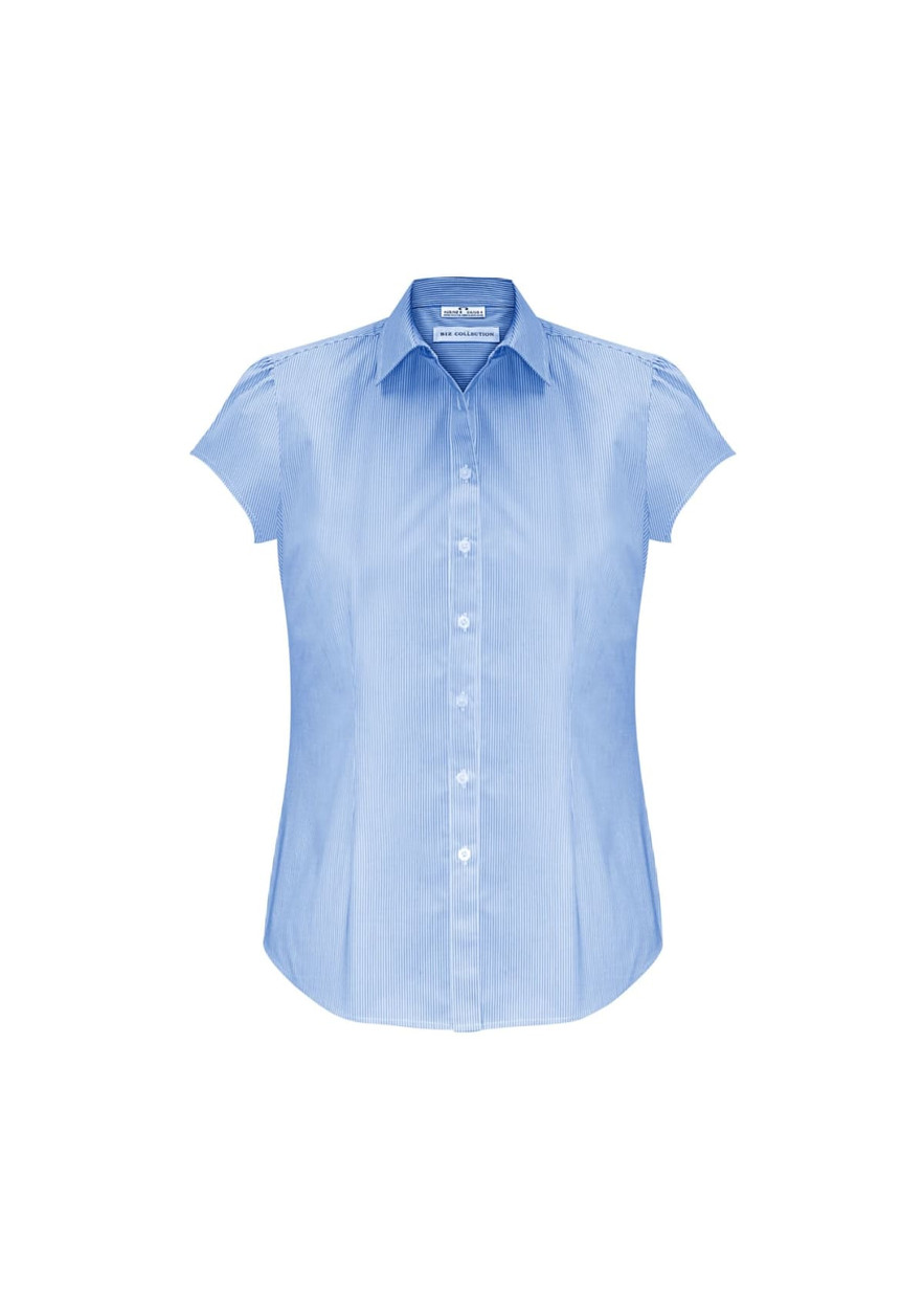 A light blue women's short sleeve button-up shirt with a fitted design and a collar. It features a logo on the label.