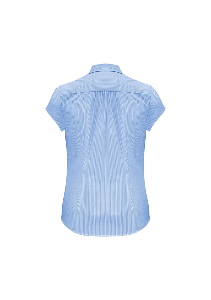 A women's light blue short sleeve button-up shirt with a back pleat and a logo.