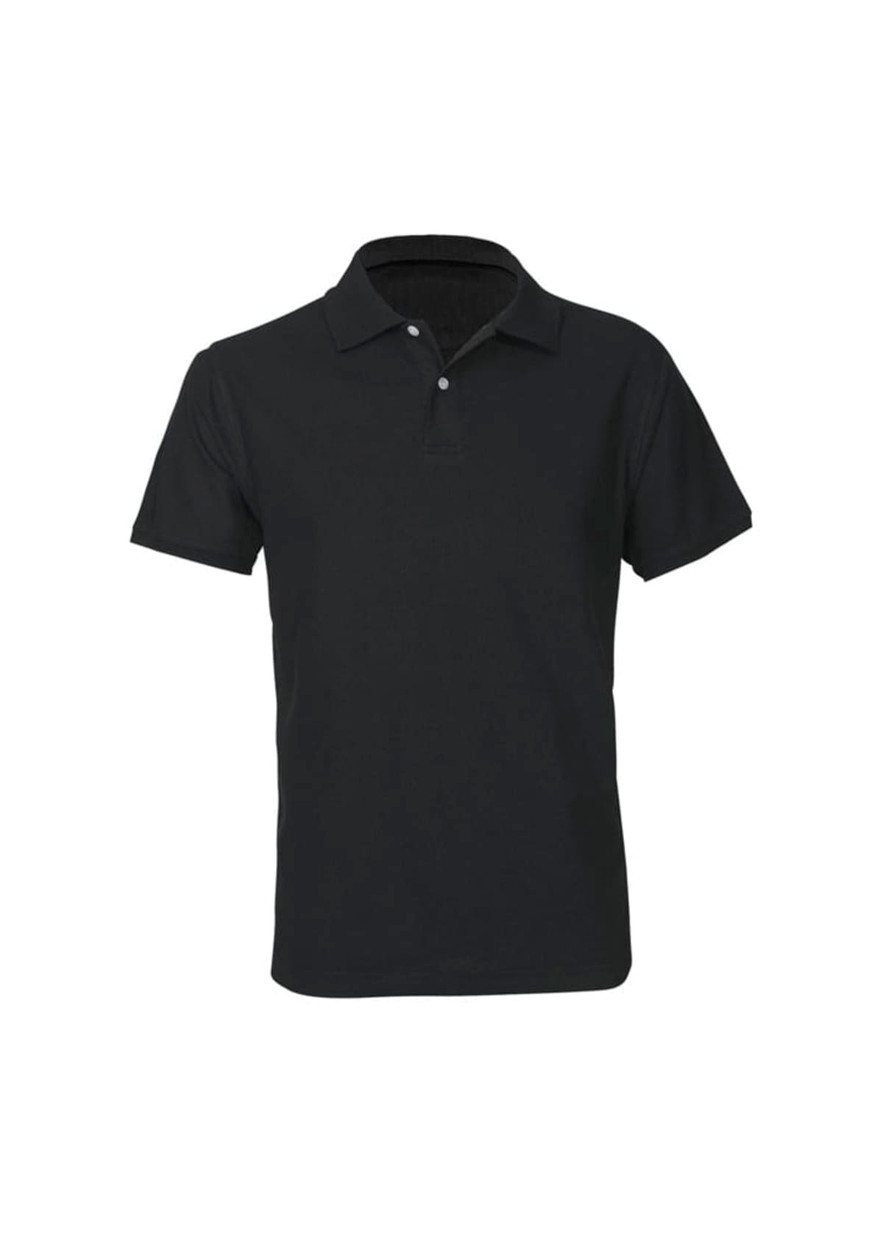 A black short sleeve polo shirt with a collar and buttons, featuring a contrasting inner collar.