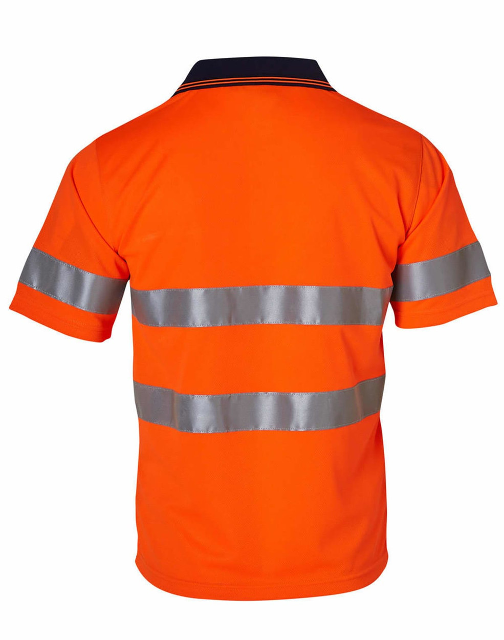 An orange short-sleeve safety polo shirt featuring reflective 3M tape stripes. The shirt has a navy collar and branding.
