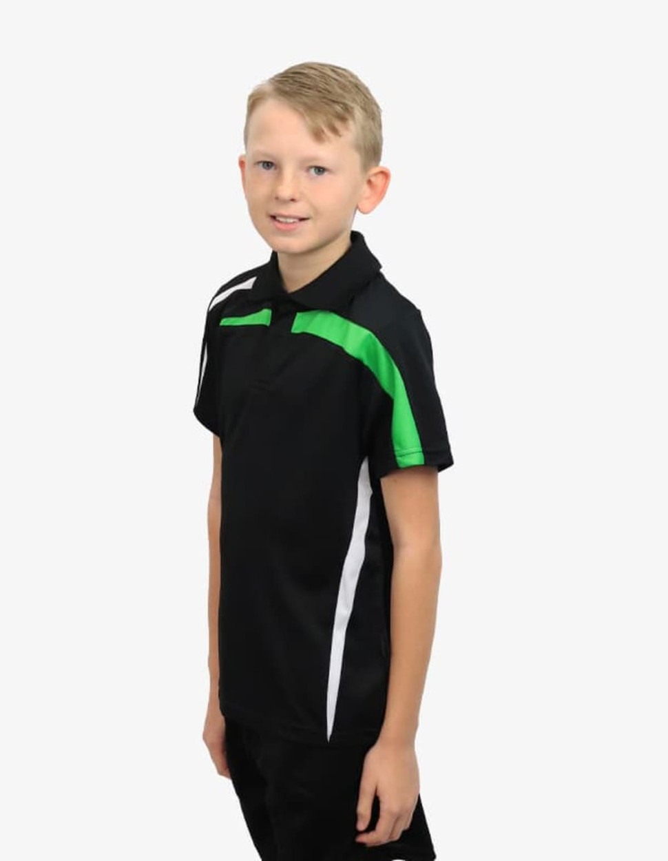 A black polo shirt with green and white accents, featuring a logo, worn by a young boy.
