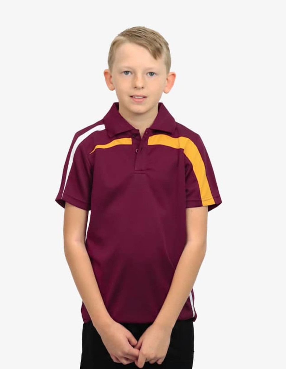 A maroon polo shirt with yellow and white accents, featuring a logo on the chest.