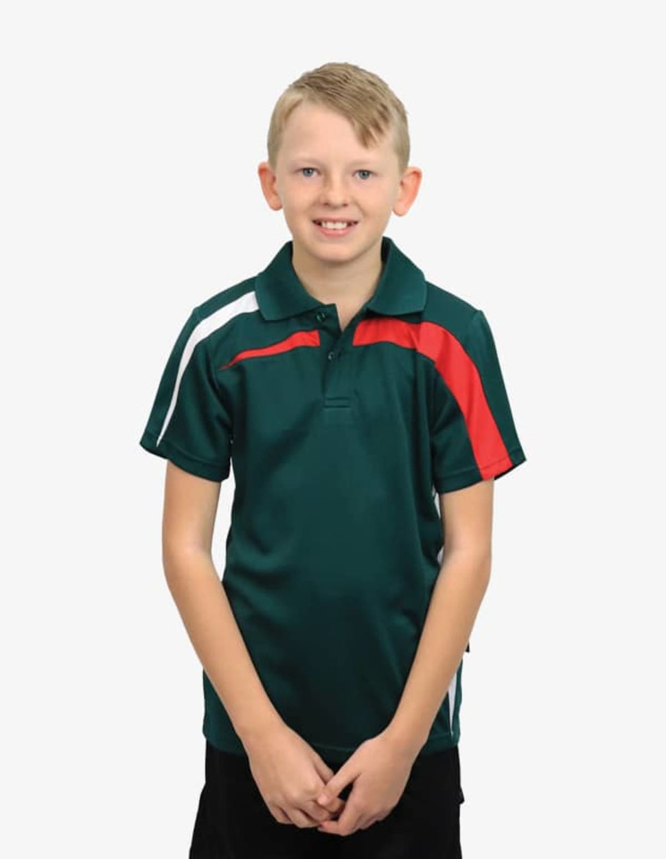 A green polo shirt with red and white accents, featuring a logo on the left side. Suitable for casual wear.