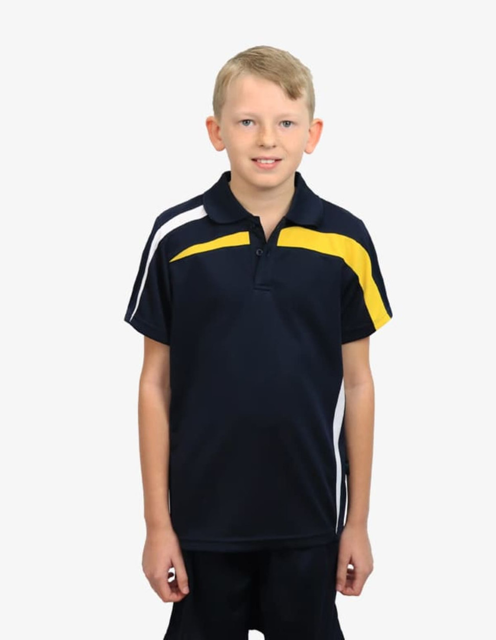 A navy blue polo shirt with yellow and white stripes, featuring a logo, worn by a young boy.