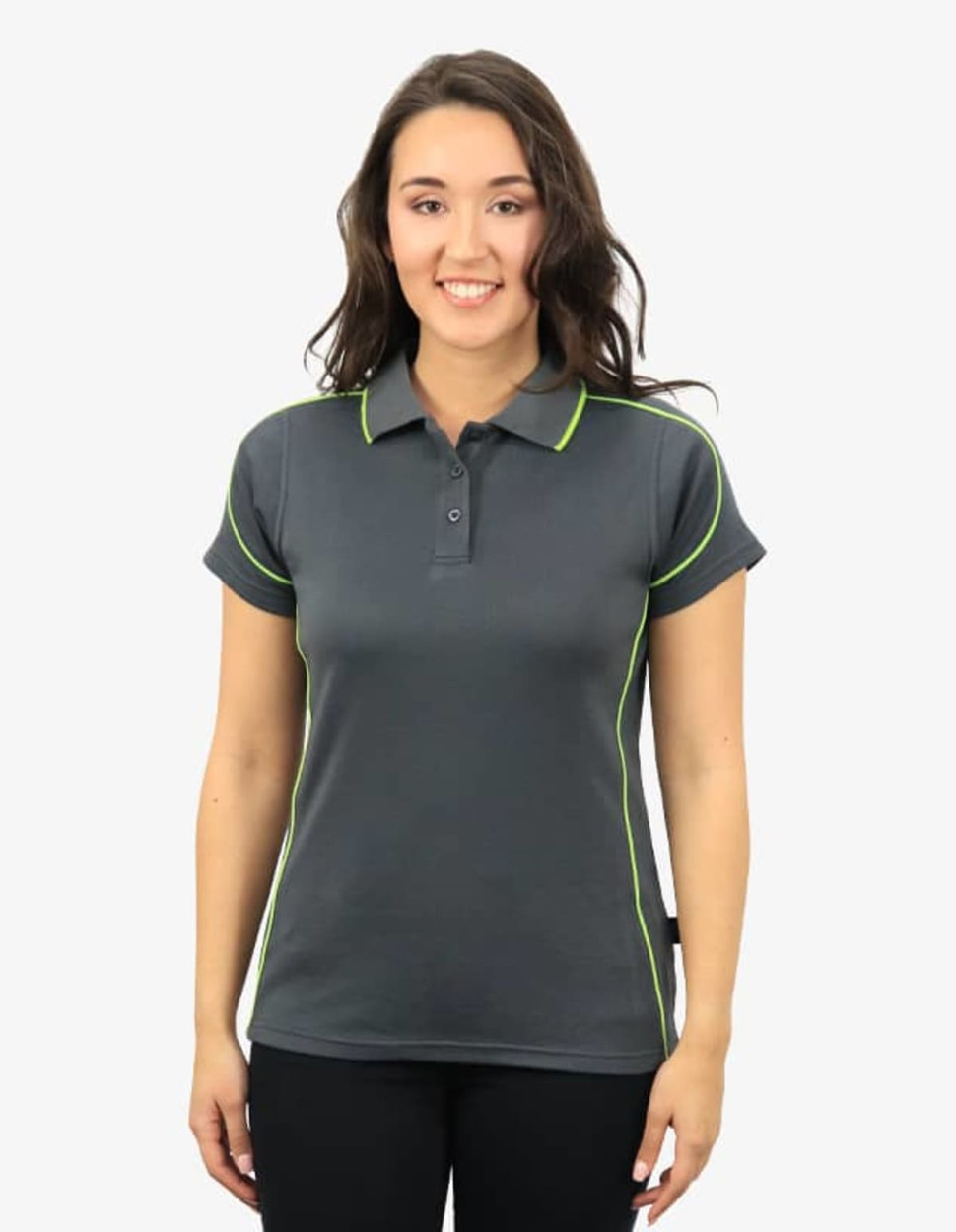 A grey polo shirt with green accents, featuring a collar and short sleeves. It has a logo on the chest.