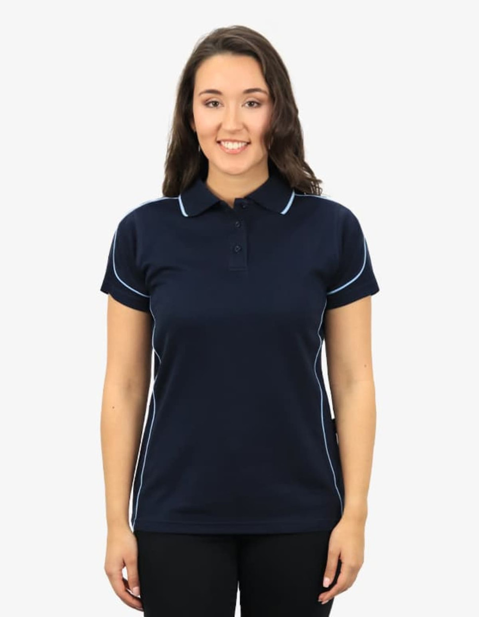 A navy polo shirt with light blue piping, featuring a collar and short sleeves, modelled by a woman.