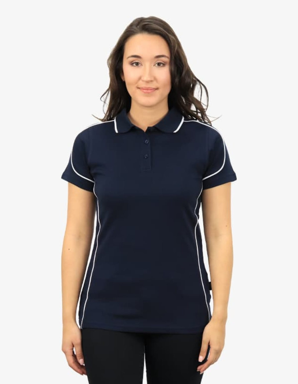 A navy polo shirt for women featuring white piping details and a logo.