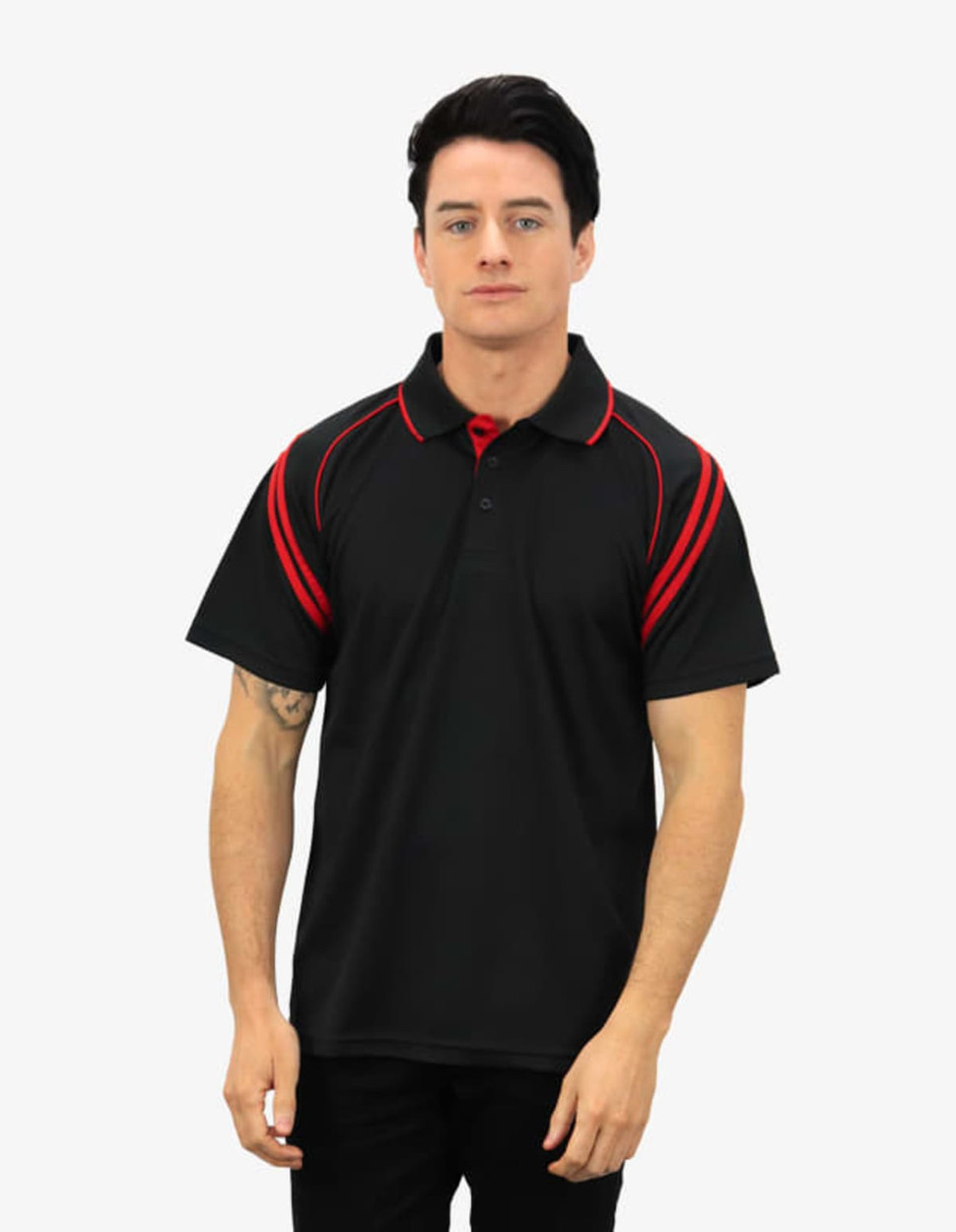 A black polo shirt featuring red accent stripes and a logo on the chest, displayed by a model.