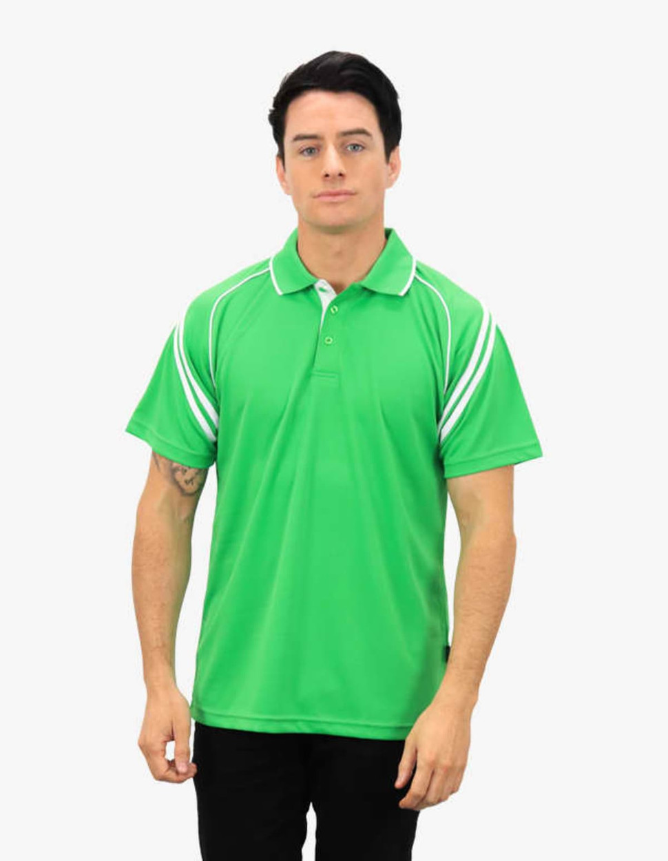A green polo shirt with white accents, displayed on a model in a neutral background. Features a logo on the front.