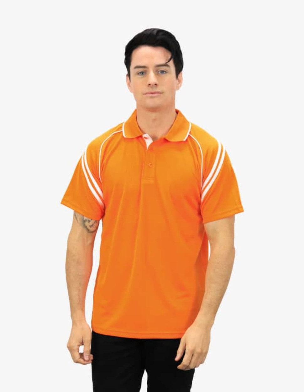 An orange polo shirt featuring white stripe accents and a classic collar, displayed on a model.