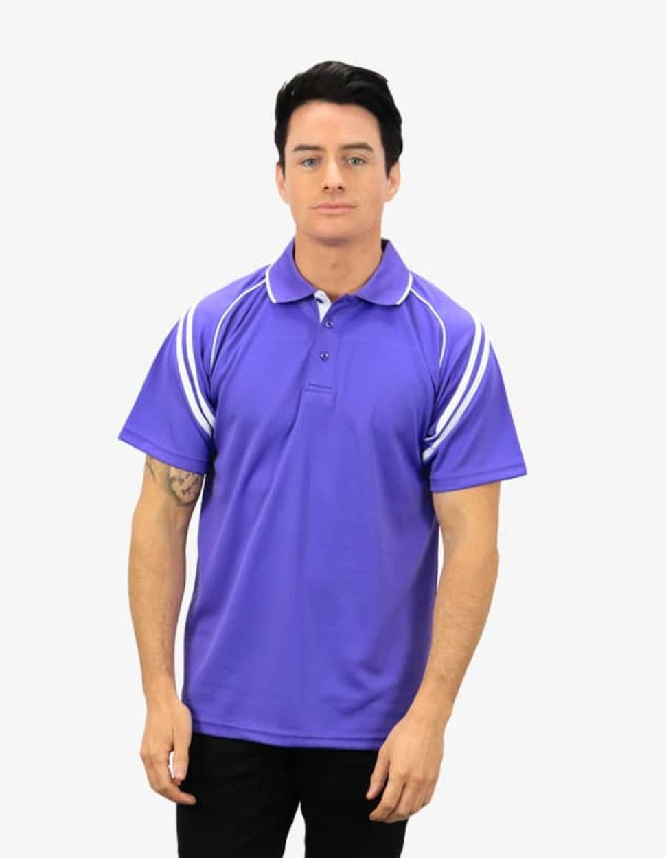 A purple polo shirt featuring contrasting white stripes, designed with a collar and short sleeves. It has a logo.