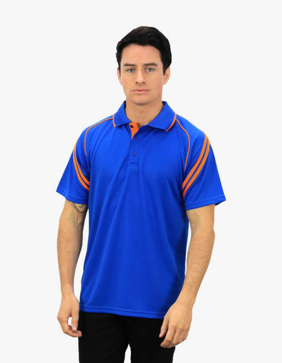 A blue polo shirt featuring orange accents and a logo, displayed on a model.
