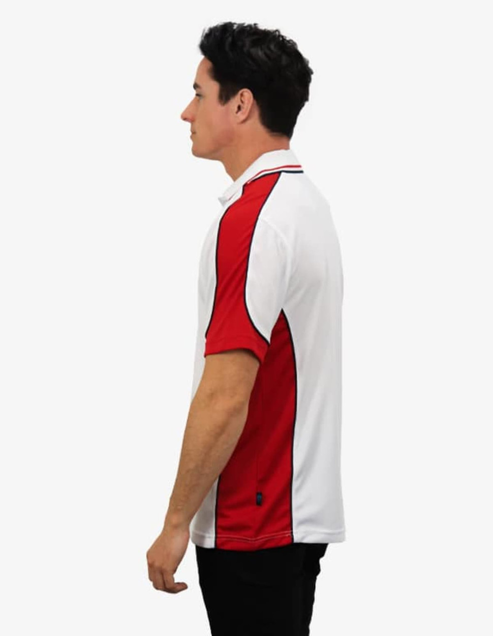A polo shirt in white with red and black accents, featuring a small logo on the lower side.