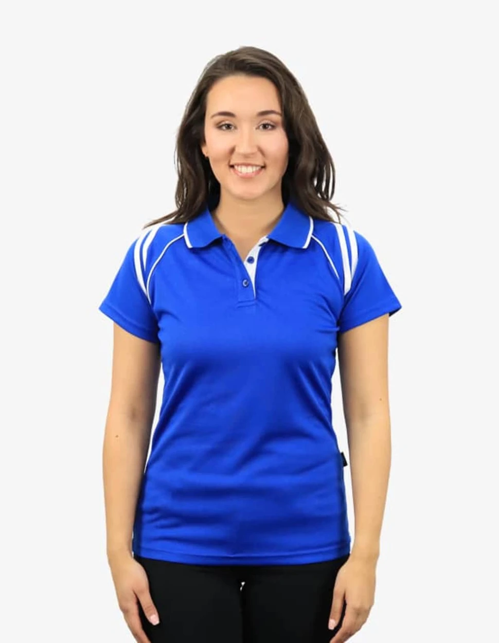 A blue polo shirt with white accents, featuring a logo on the left side.