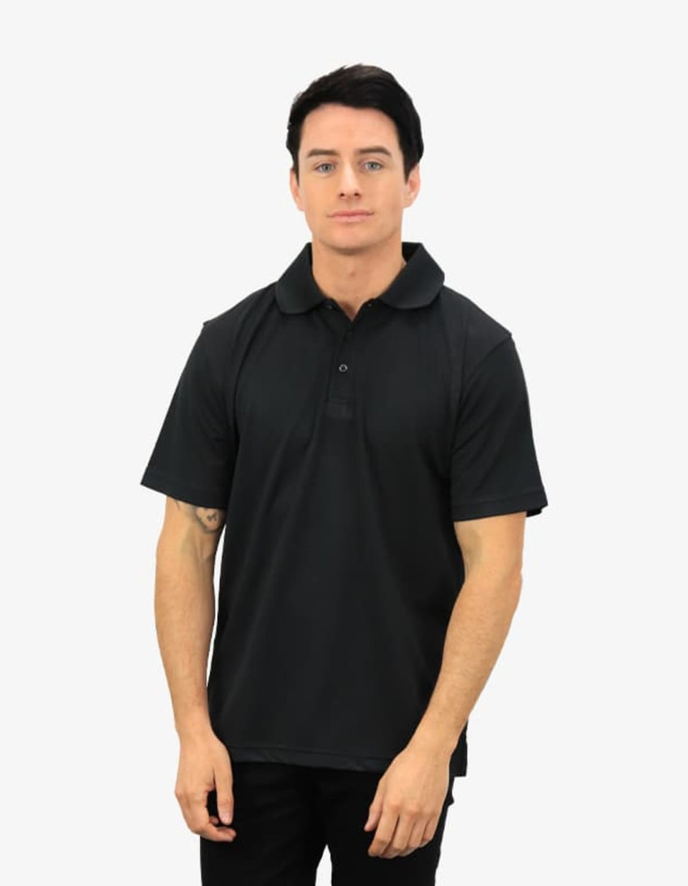 A black polo shirt displayed on a model, featuring a collar and short sleeves. The shirt has a logo on it.