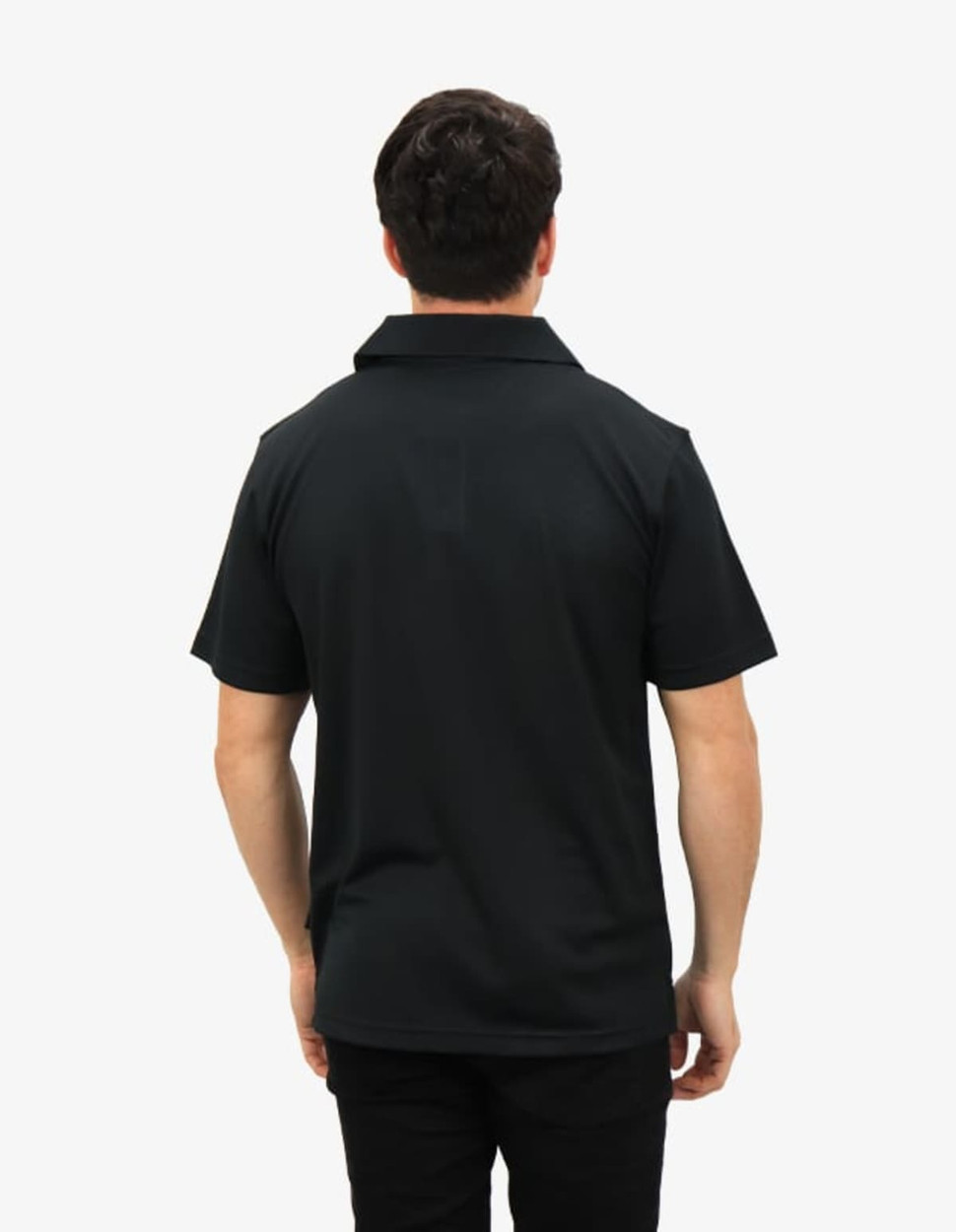 A black polo shirt with a simple design and a back view of a person wearing it. It includes a logo.
