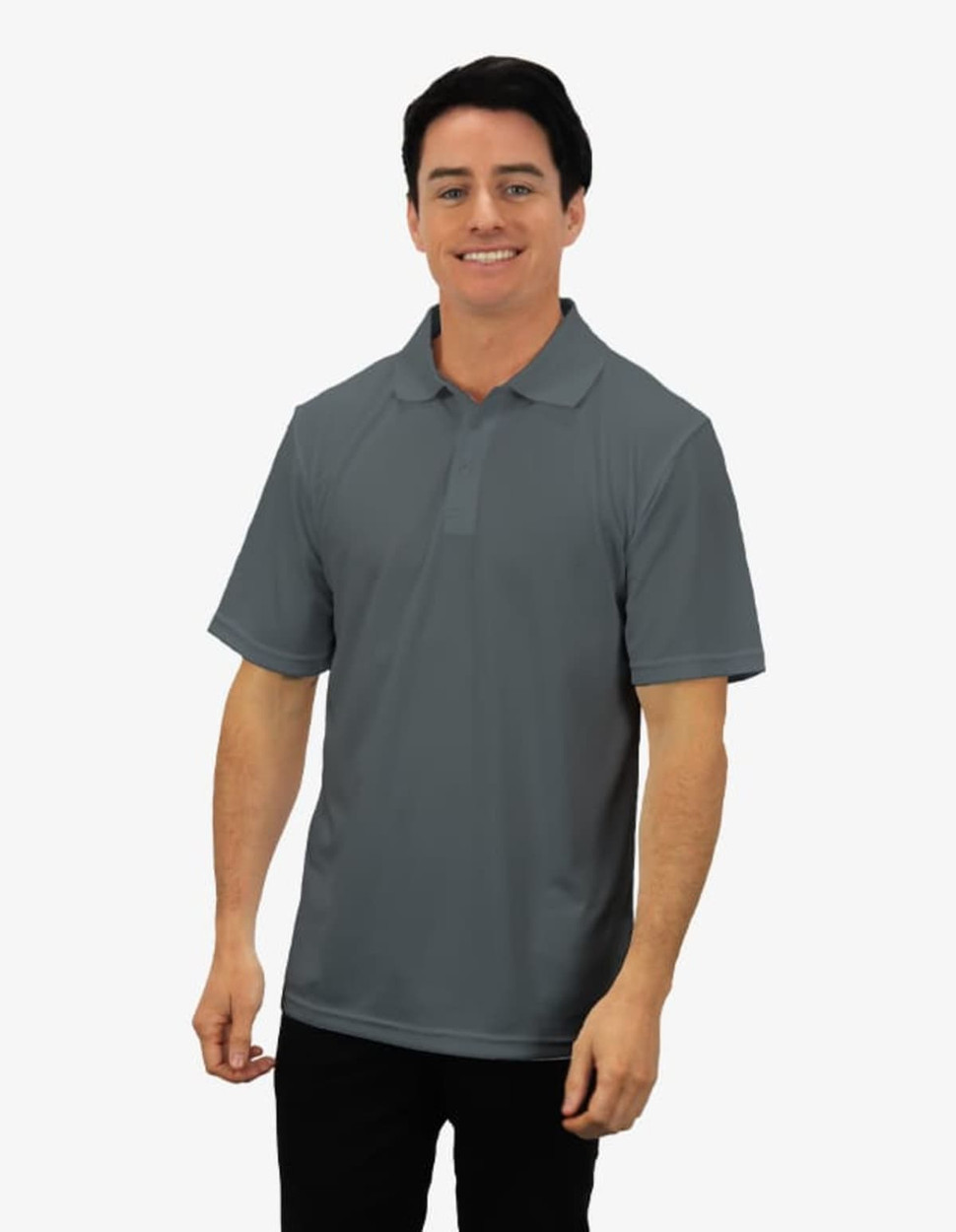 A man in a grey polo shirt with a simple design and a logo on the chest area.