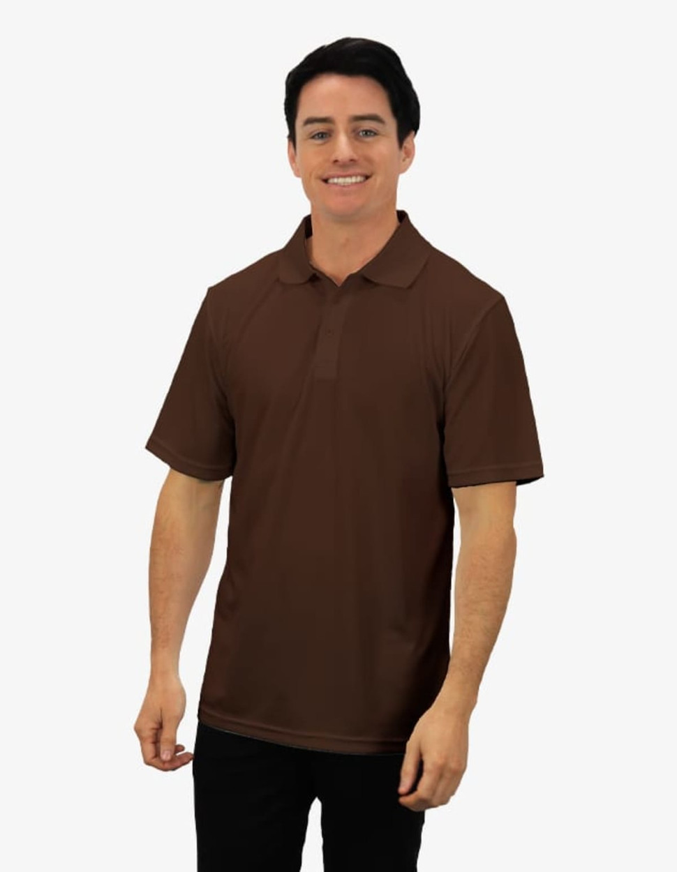 A brown polo shirt featuring a collar and short sleeves, worn by a smiling model with dark hair.
