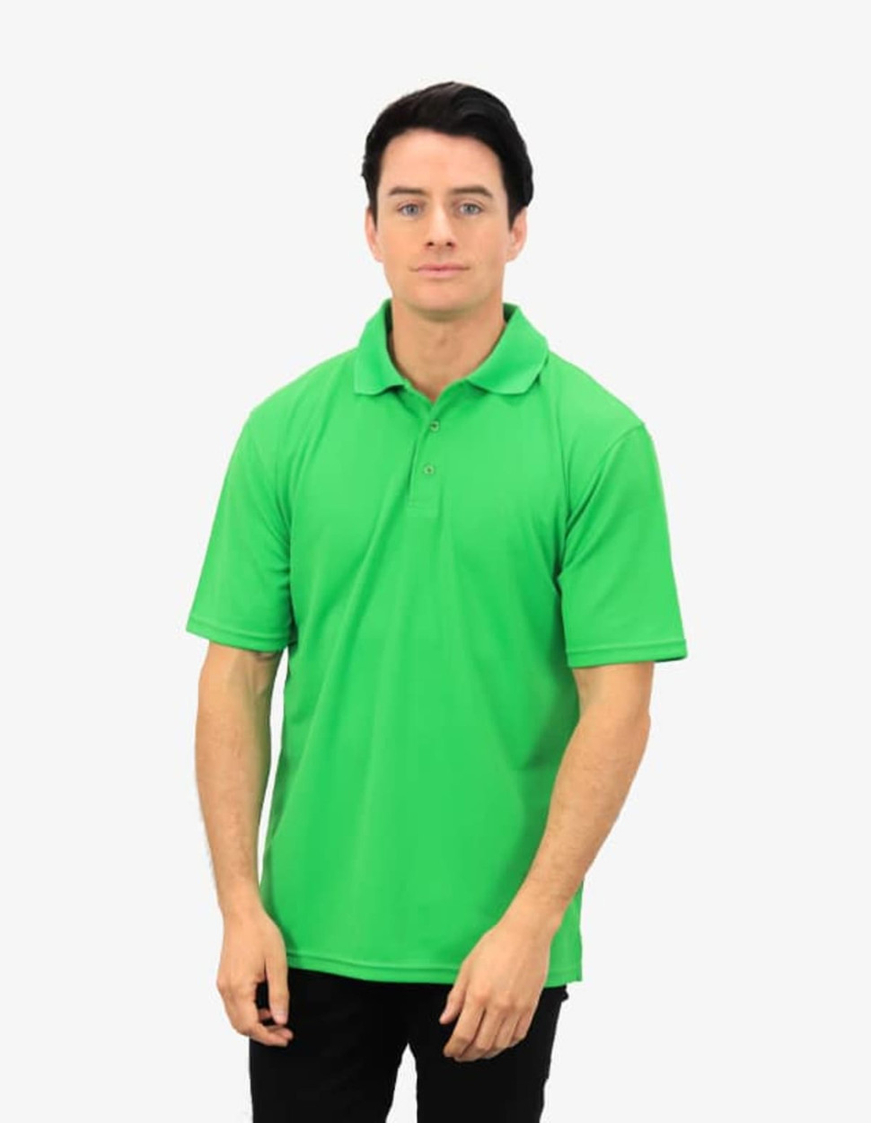 A green polo shirt worn by a man, featuring a collar and short sleeves. The shirt has a logo on it.