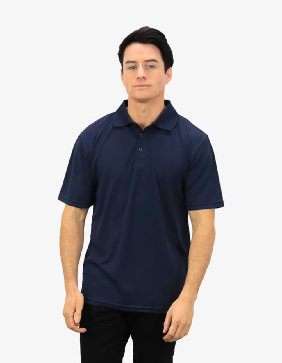 A navy polo shirt displayed on a model, featuring a classic collar and short sleeves. The shirt has a logo.